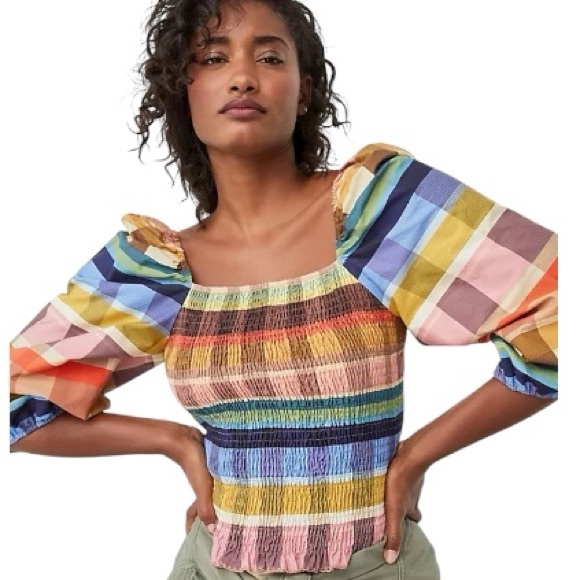 Farm Rio Seline Plaid Smoked Cropped Balloon Sleeves Blouse Size Small - Picture 1 of 8